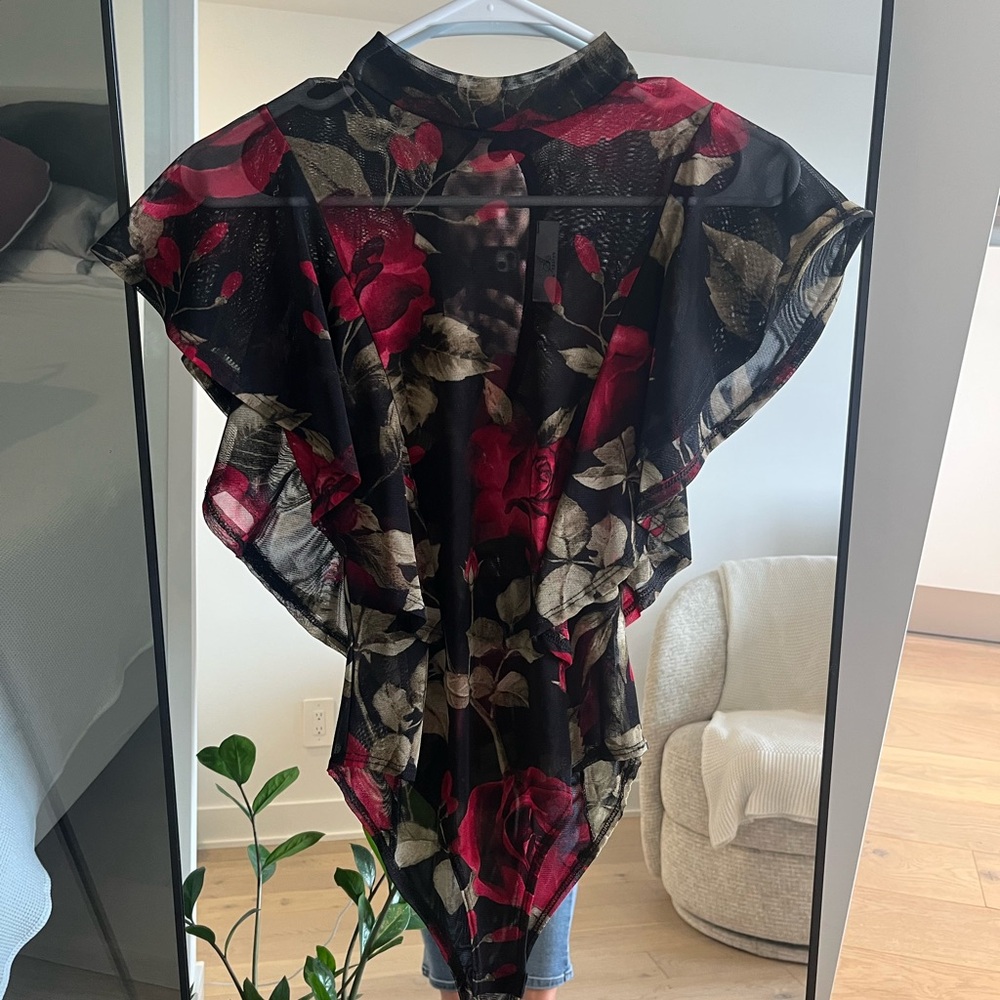 Women’s black mesh bodysuit with red florals